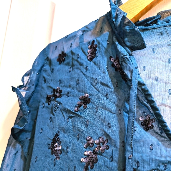 Laundry by Shelli Segal Dark Teal Yareli Ruffle, Embellished Blouse. Small - Picture 6 of 11